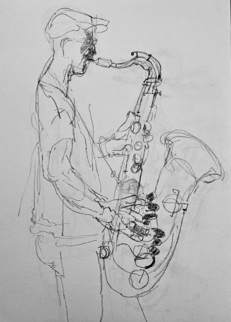 Saxophonist Hernán Samá I, 2023, Kreidezeichnung, 29,7x42cm