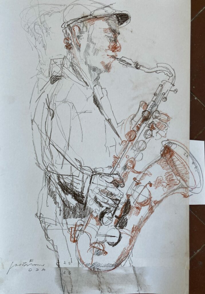 Saxophonist Hernán Samá II, 2023, Kreidezeichnung, 34,5x44cm