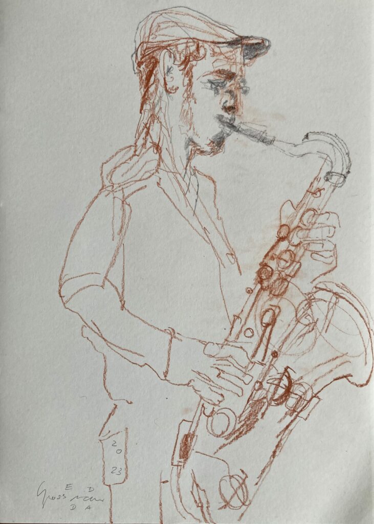 Saxophonist Hernán Samá IV, 2023, Kreidezeichnung, 29,7x42cm