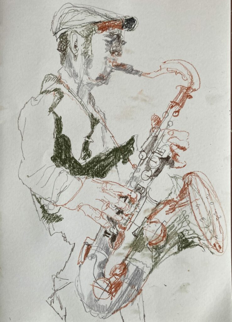 Saxophonist Hernán Samá III, 2023, Kreidezeichnung, 29,7x42cm