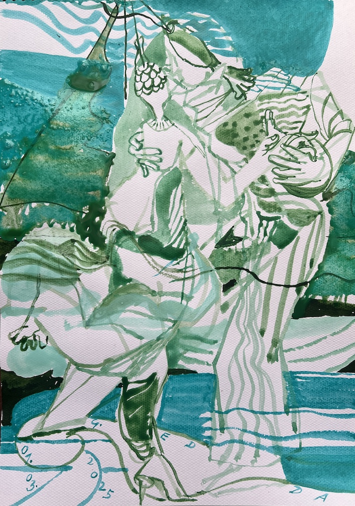 5. Aphrodite tanzt mit Neptun, 2025, Eitempera, 42x30cm,