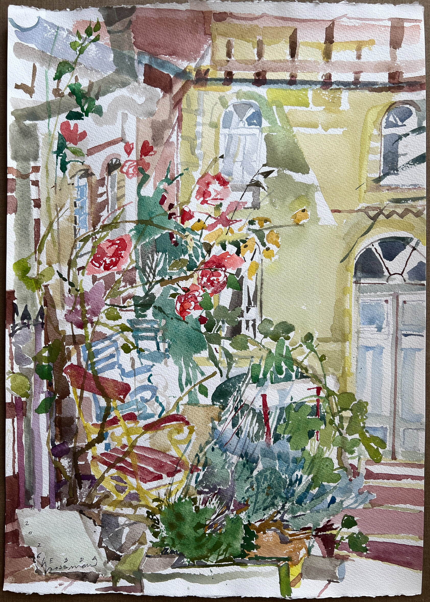 Hofgedicht, 2026, Aquarell auf Papier, 70x50 cm - Edda Grossman