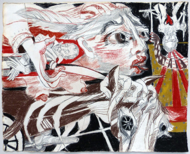 Trutz Simplex, Courasche im 15. Kapitel II, 2014, Kreide auf handgeschöpftem Papier, 65 x 50cm