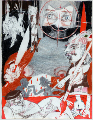 Trutz Simplex, Courasche im 15. Kapitel II, 2014, Kreide auf handgeschöpftem Papier, 65 x 50cm