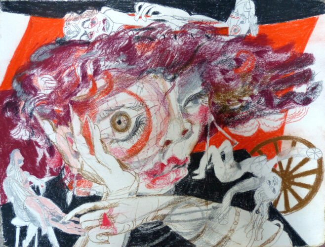 Trutz Simplex, Courasche im 27. Kapitel II,2014, Kreide auf handgeschöpftem Papier, 50 x 65cm