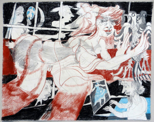 Trutz Simplex, Courasche im 5. Kapitel II, 2013, Kreide auf handgeschöpftem Papier, 65 x 50cm