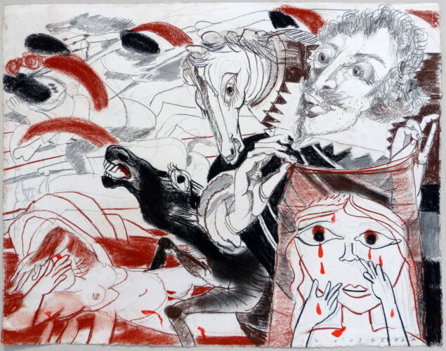 Trutz Simplex, Courasche im 9. Kapitel II, 2013, Kreide auf handgeschöpftem Papier, 65 x 50cm