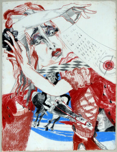 Trutz Simplex, Courasche im 9. Kapitel II, 2013, Kreide auf handgeschöpftem Papier, 65 x 50cm