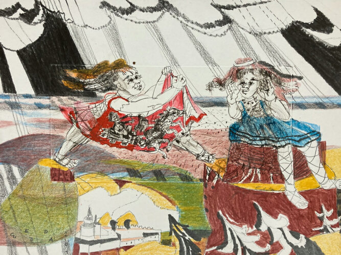 Traum vom Mägdesprung, 1997-2021, Kaltnadelradierung/ Farbstift, 35x45cm