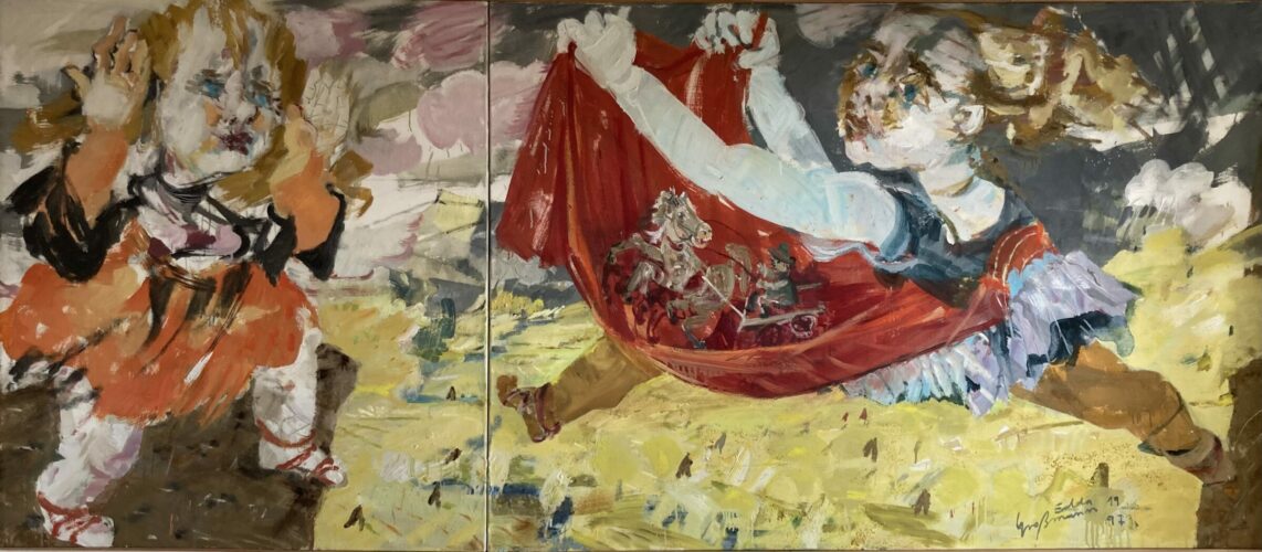 Mägdesprung, 1998, Öl auf Leinwand, 114x262cm