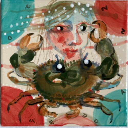 Perlenfrau im Zeichen Krebs, 2022, Unter der Glasur, 15x15cm